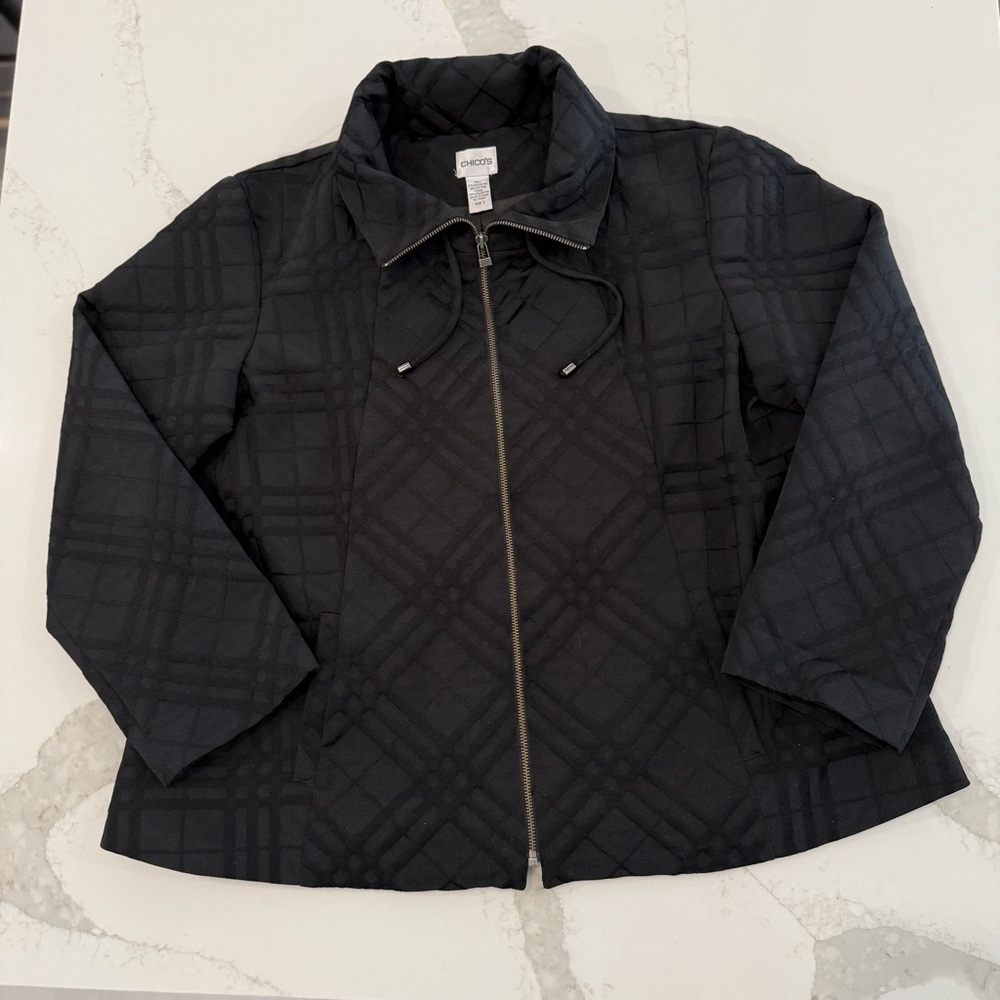 Chico's Full Zip Pleated Back Blazer Coat Women’s XL Black Pattern Classic Work